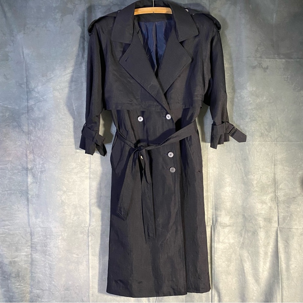 Vintage Womens Size 9/10 Black Long Trench Coat‎ Blue Lining Belt Button Fits L